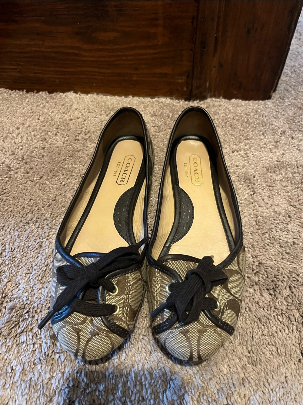 Coach Khaki Signature Canvas Bow Ballet Flats with Black Trim